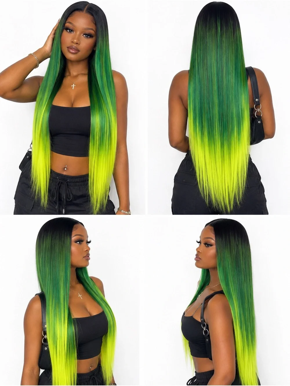 Vibrant Green Ombre Long Straight Women’s Wig middle part 26 inches long